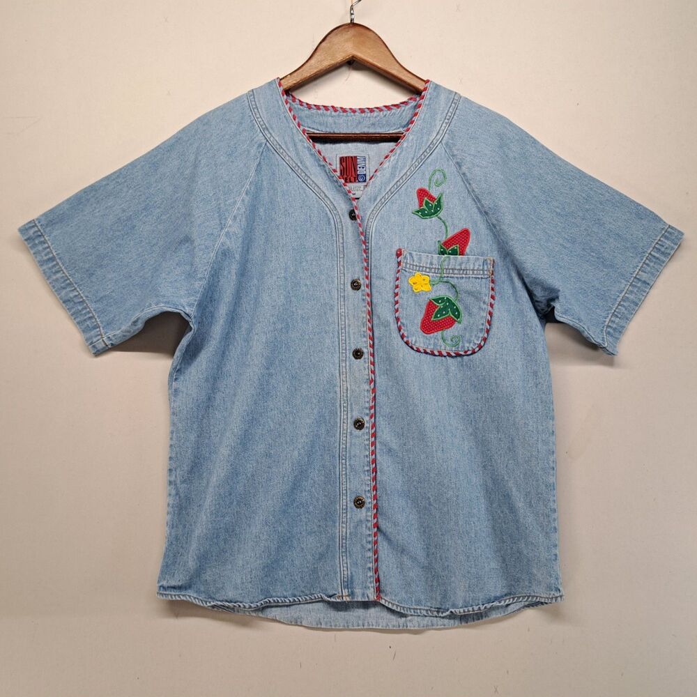 Sun Belt Denim Womens Medium Jean Baseball Jersey Strawberry Embroidered